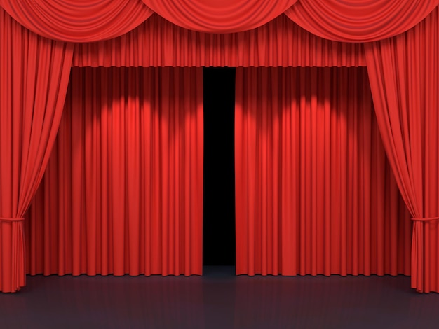 Red stage curtains. Luxury red velvet drapes, silk drapery. Realistic closed theatrical cinema curtain. Waiting for show, movie end, revealing new product, premiere, marketing concept. 3D illustration