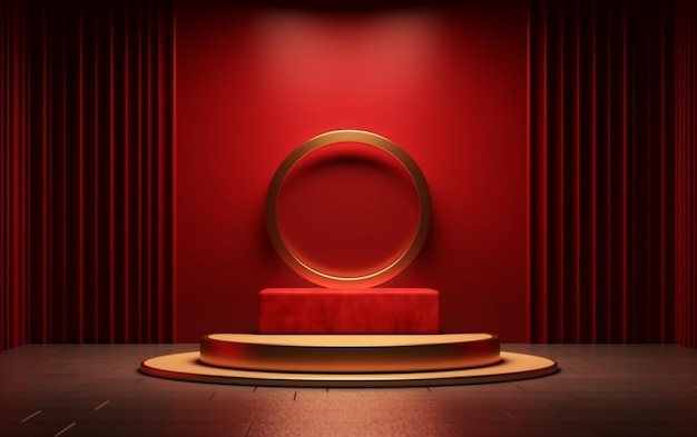 A red stage with a round podium and red curtains generative ai