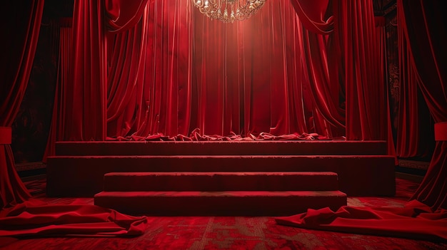 Red stage with velvet curtains