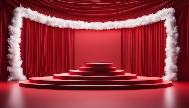 A red stage with white curtains and a red velvet curtain