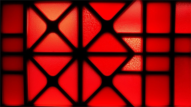 A red stained glass window in a church.