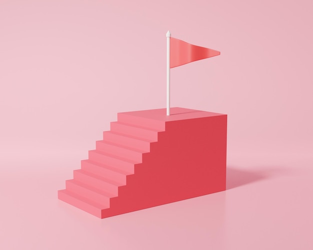 빨간색 계단 전략 비즈니스 플래그의 단계적 성장은 분홍색 배경 3d 렌더링 그림에 성공적인 개념 최소한의 만화를 대상으로 합니다.