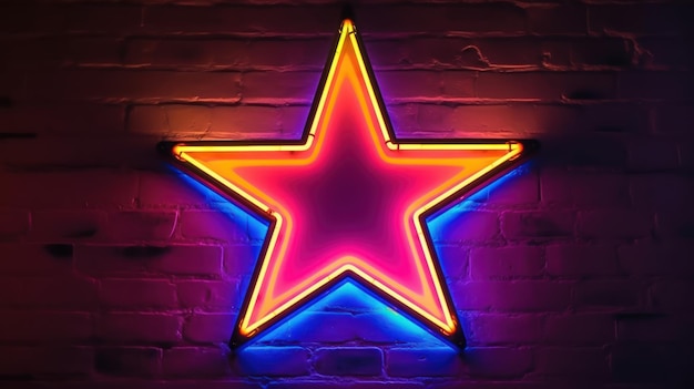 A red star with a blue star on it hangs on a brick wall.