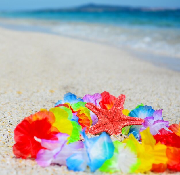 Red starfish on a hawaiian necklace by the sea