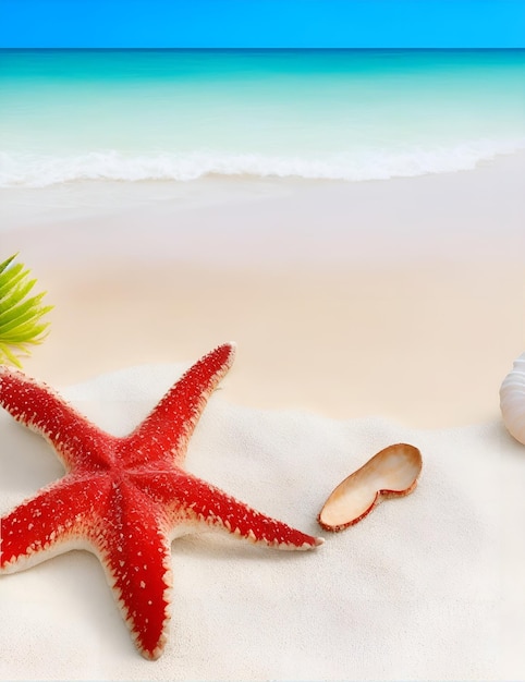 red starfish on white sand with beach sea background illustration