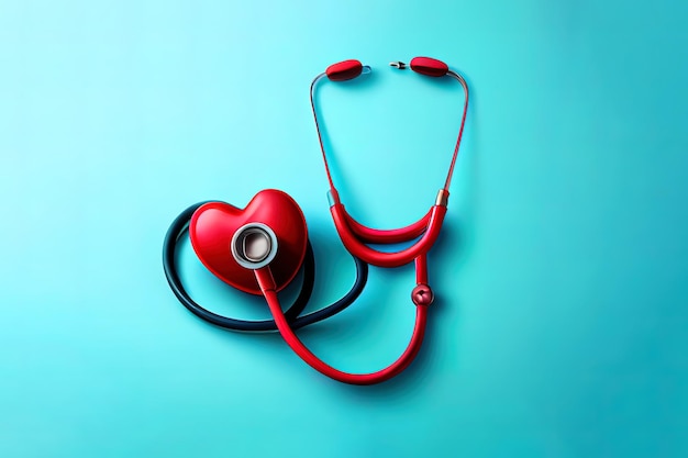 Red stethoscope on bright wooden background Generative Ai