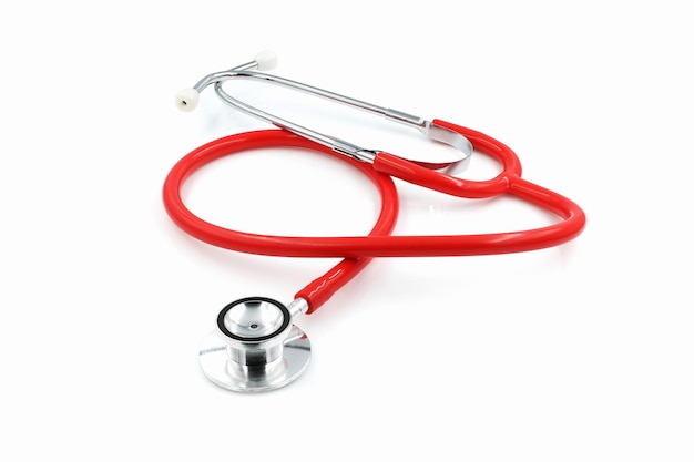 Red stethoscope medical equipment on white background symbol of doctor hospital healthcare service concept