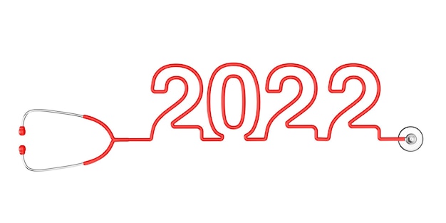 Foto red stetoscopio tubi che formano il nuovo anno 2022 segno su uno sfondo bianco. rendering 3d