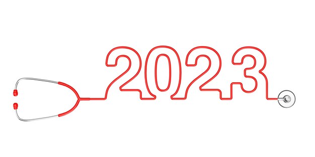 Photo red stethoscope tubing forming new 2023 year sign 3d rendering