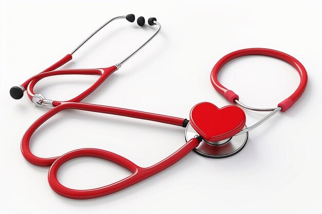 Red stethoscope with a heart on a white background health care concept 3d rendering