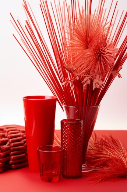 Photo red still life with vases and decorative plants