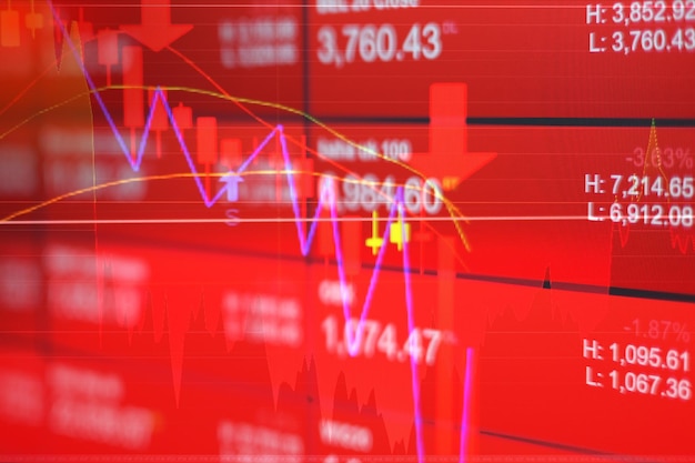 Red stock market price showing trader phobia of crisis war and\
inflationtrading graph analysis investment of financial board\
display bad economy and negative stock situation