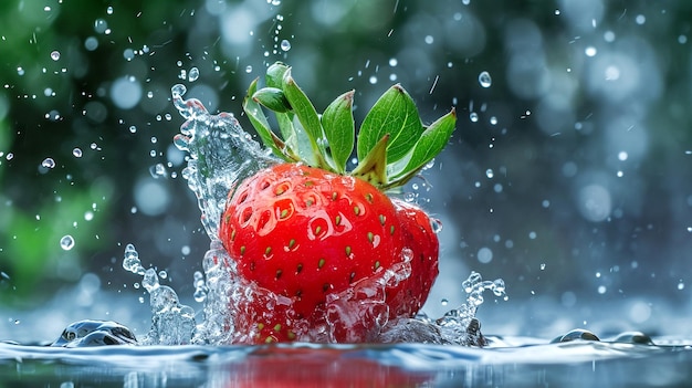 Red strawberries splashing into the water
