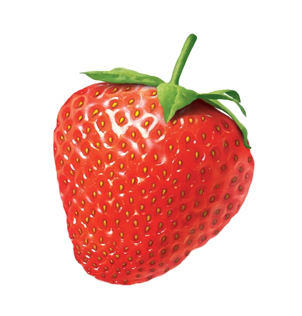 A red strawberry illustration with a green leaf on it