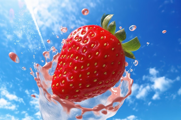 A red strawberry is being splashed in the air.