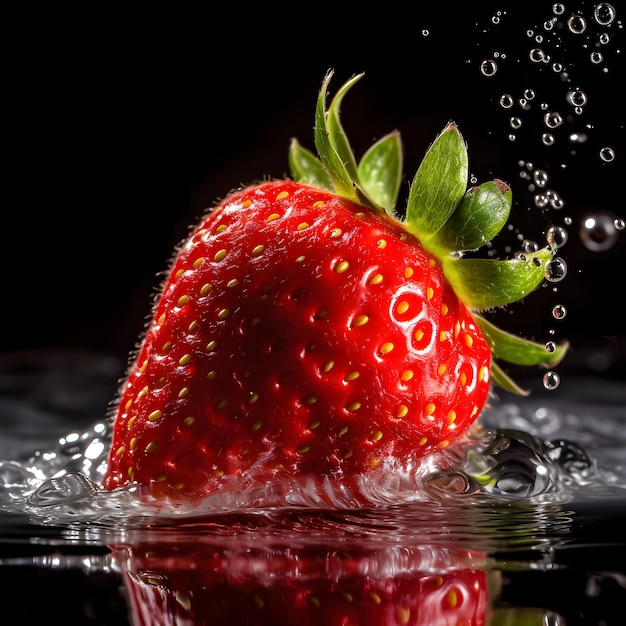 A red strawberry is in the water and it is being splashed with water.