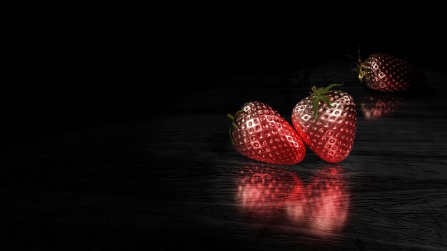 Red strawberry like crystal on a black wooden table 3D Rendering