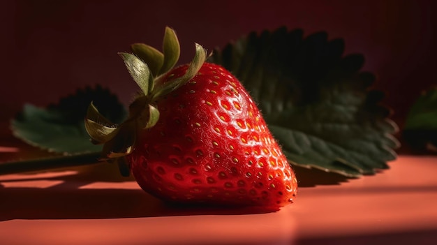 A red strawberry sits on a table with green leaves in the background.