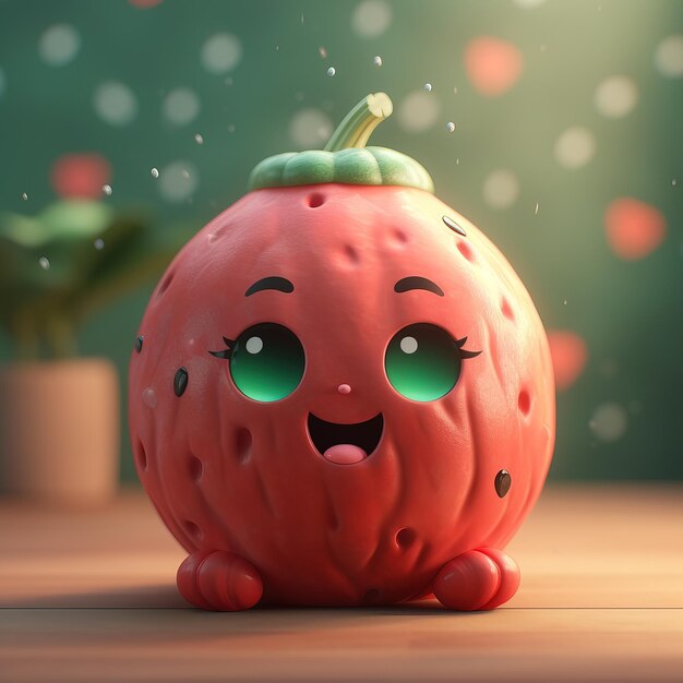 A red strawberry with green eyes and a green eyes is on a wooden table.