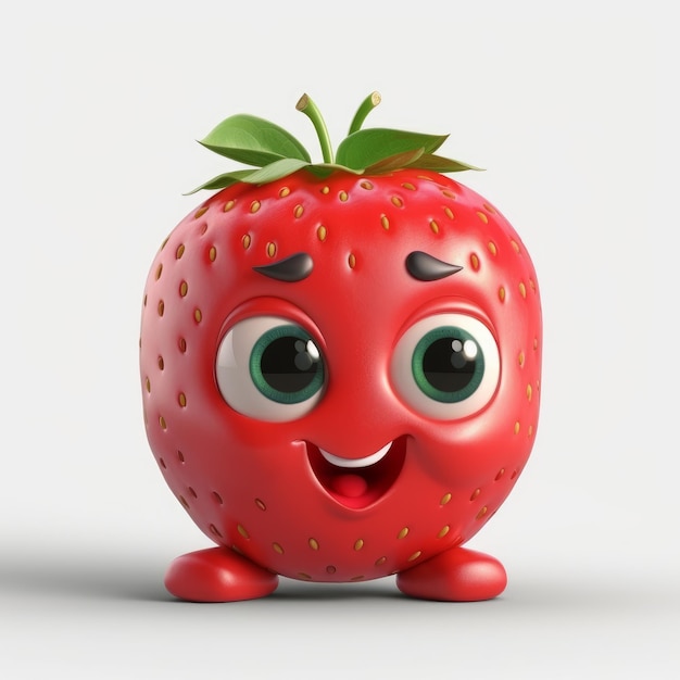 A red strawberry with green eyes and a green nose.