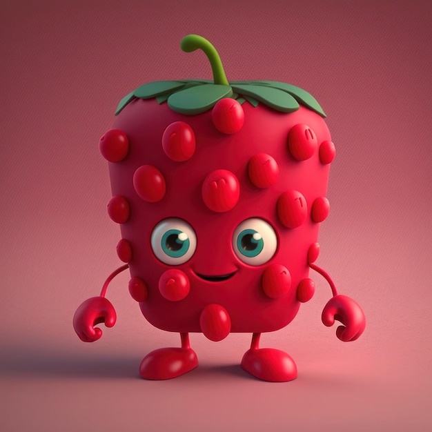 A red strawberry with a green eyes and a smiling face.