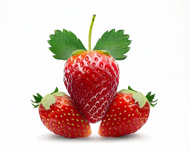 A red strawberry with a green leaf on it