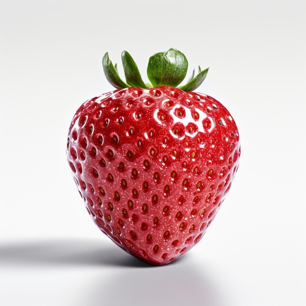 A red strawberry with a green leaf on it