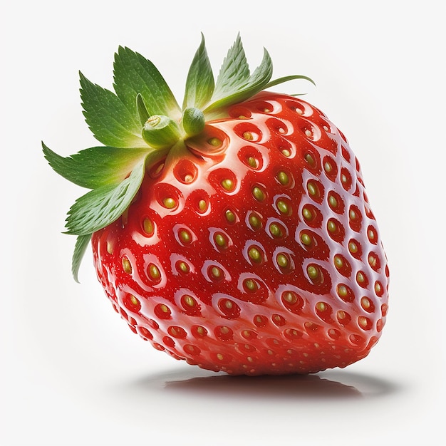 A red strawberry with a green leaf on top.