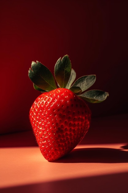 A red strawberry with green leaves sits on a table.