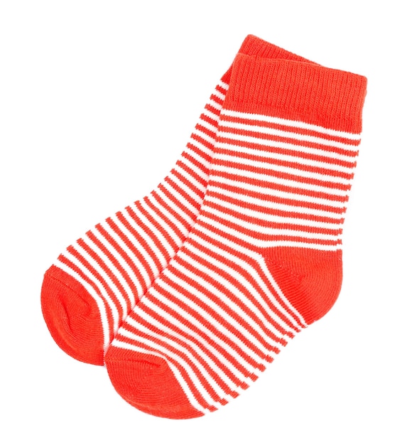 Red striped baby socks isolated on white