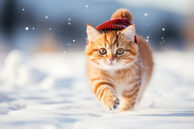 Красная полосатая кошка бежит по белому снегу в зимней шляпе с снежинками на заднем плане
