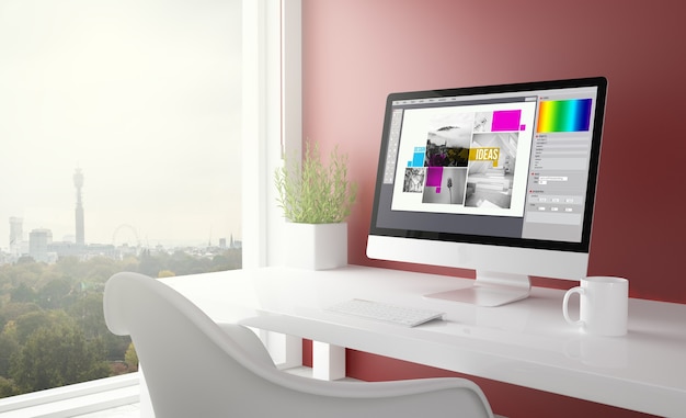 Studio rosso con computer di progettazione grafica con skyline di londra. rendering 3d.