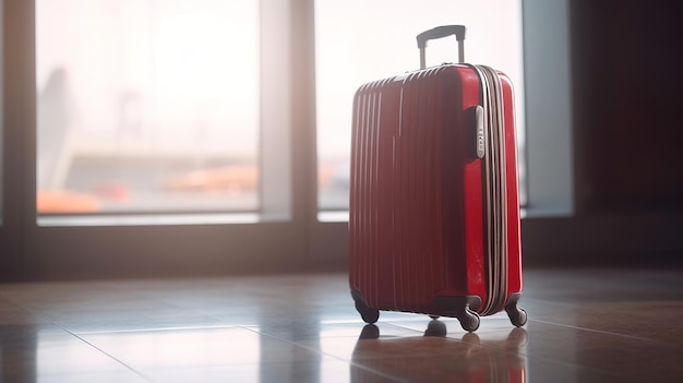 A red suitcase is on a floor in front of a window.