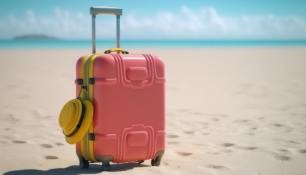 次の旅を待っている砂の上に置かれた赤いスーツケース
