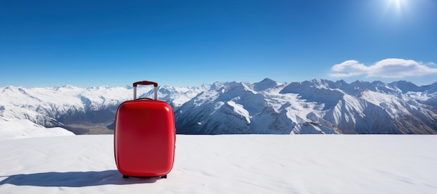 A red suitcase sitting on top of a snow covered field mountains and trees on winter background