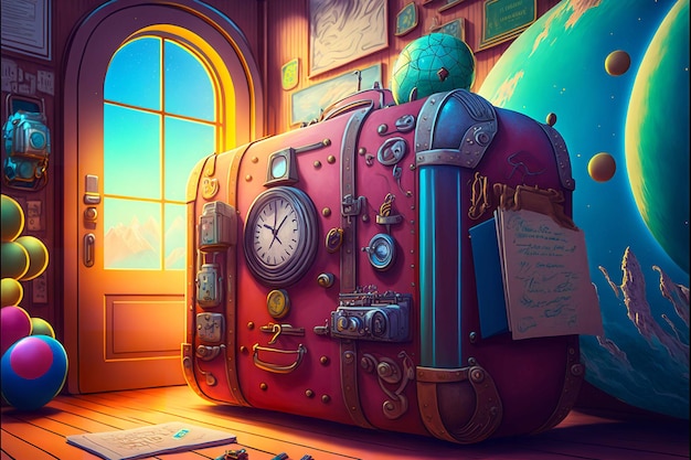 A red suitcase style time travel machine in a room with a globe and a clock on it