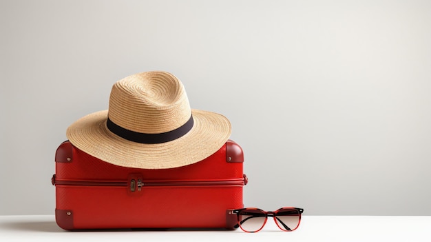 Red suitcase sunglasses and straw hat isolated on white background