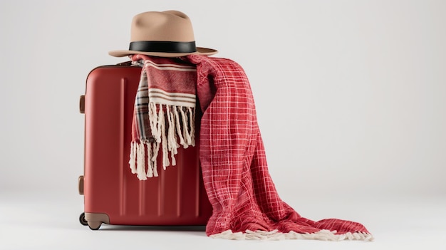 A red suitcase with a fedora hat and a checkered scarf against a grey background