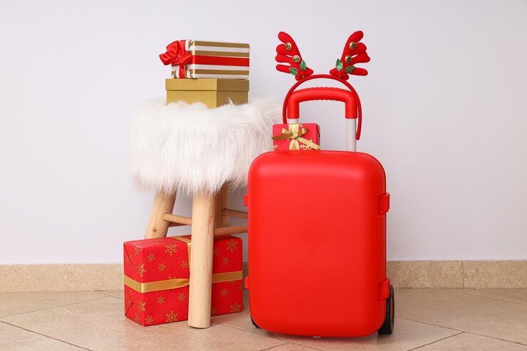 Photo red suitcase with gifts on a light background