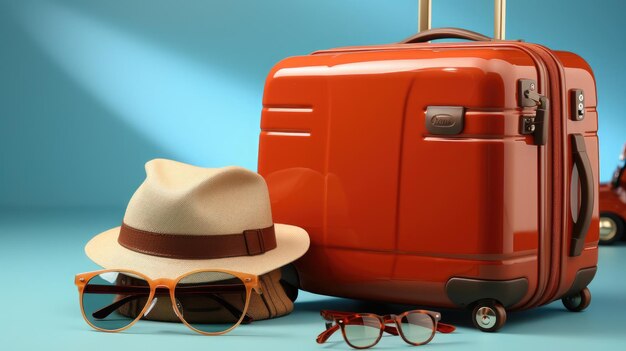 Photo red suitcase with sunglasses hat and camera generative ai