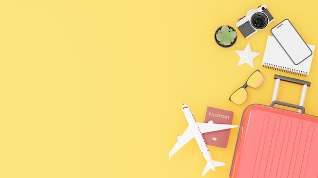 red suitcase with travel accessories and the concept of journey