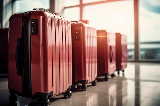 Red suitcases in a row in front of a window