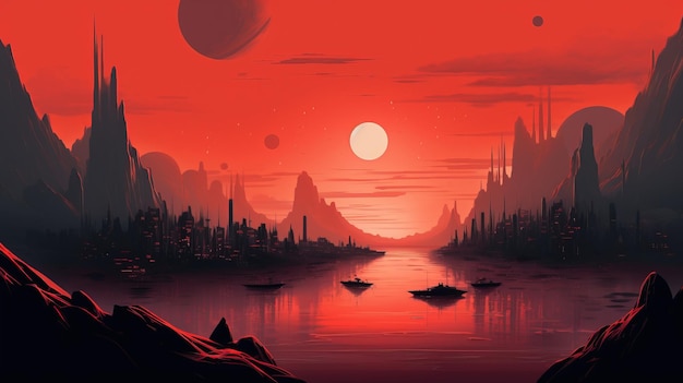 A red sunset over a city Generative AI Art