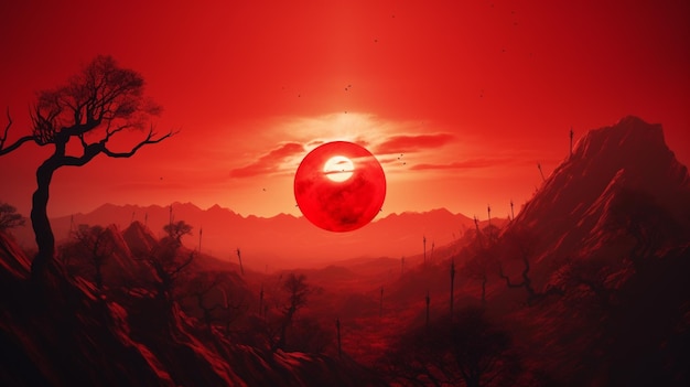 A red sunset over a desert with mountains in the background