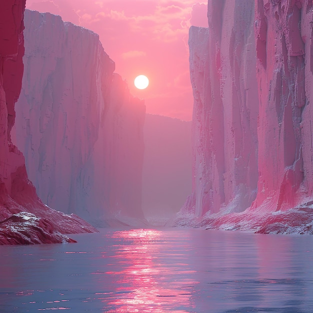 a red sunset is shown in the background and the water is pink