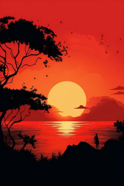 A red sunset with a man standing on a cliff and a tree silhouetted against the sky.