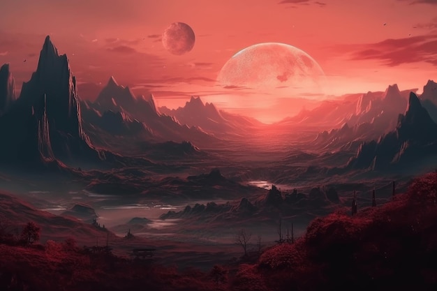 A red sunset with a moon in the sky