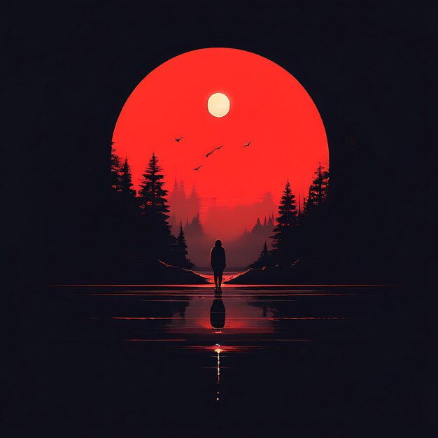 赤い日没と木のシルエット