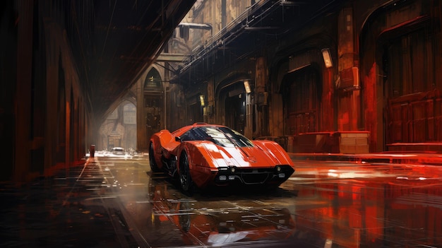 red supercar in the old town