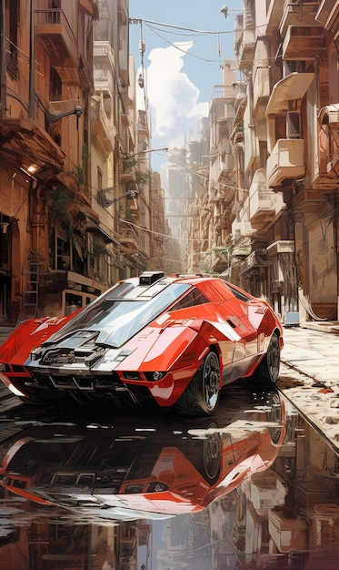 red supercar in the old town